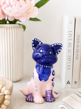 Hand-Painted Ceramic Cat Figurine | Purple & Pink Folk Art
